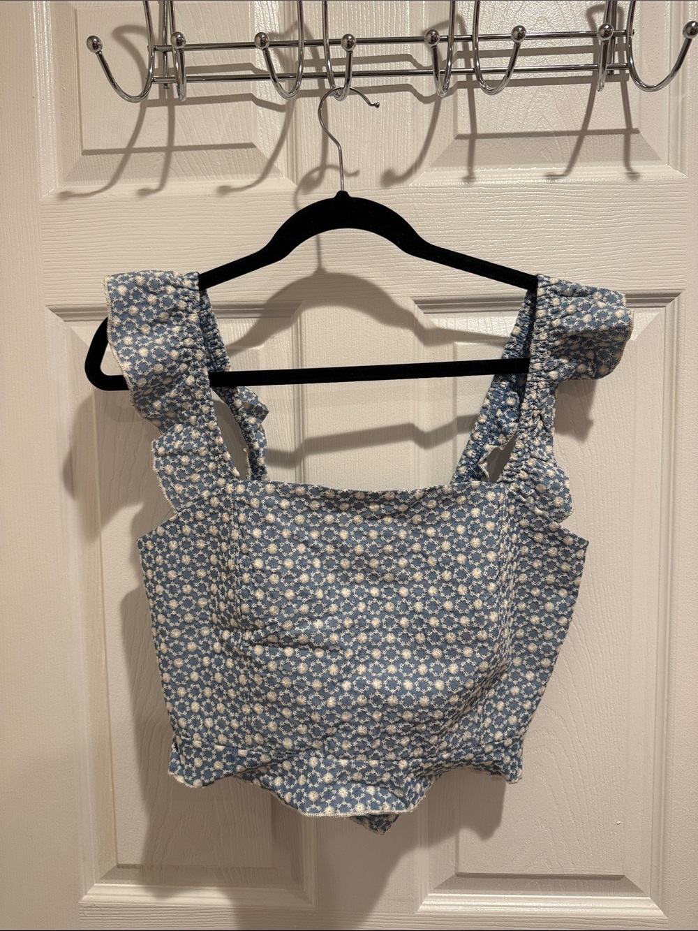 Blue Floral Square-Neck Tank with Ruffle Straps